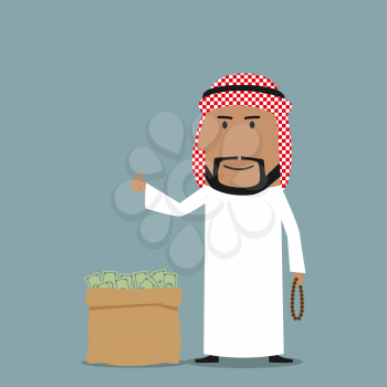 Smiling cartoon arabian businessman with prayer beads in hand standing near full money bag and showing thumb up sign. May be used as finance, business or wealth concept