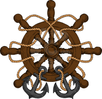 Old wooden ship helm with carved spokes and handles, decorated by rope and admiralty anchors. For nautical heraldry or navy emblem, marine travel design