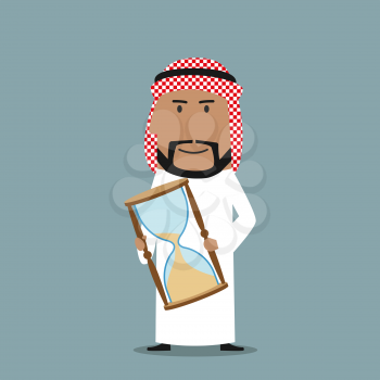 Time is running out, time management or deadline business concept. Smiling cartoon arabian businessman showing hourglass with the end of time period 
