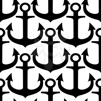 Black and white maritime seamless pattern with silhouettes of old admiralty anchors with curved sharp flukes. May be used as nautical background, retro wallpaper or interior design