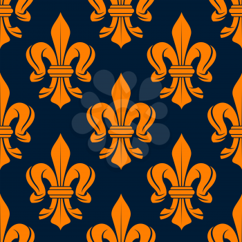 Seamless victorian bright orange floral pattern of royal french fleur-de-lis ornament on navy blue background. Nice for medieval interior, luxury wallpaper or textile design