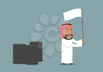 Business concept of oil price downturn, energy and financial crisis. Cartoon arabian businessman waving a white flag in front of oil or fuel tanks