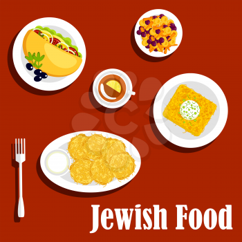 Traditional vegetarian jewish food menu icons with potato pancakes, sour cream, kugel noodle casserole, falafel sandwich filled with vegetables and olives, stewed carrots with fruits,  tea with lemon
