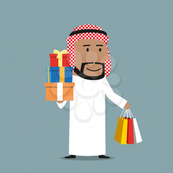 Cheerful smiling cartoon arabian businessman holding in hands colorful paper shopping bags and stack of gift boxes with bows. Shopping, presents and celebration theme design usage