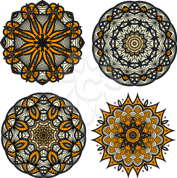 Stylish floral compositions of gray and yellow abstract ornaments for circular patterns design. Use as carpet, textile or tile tracery