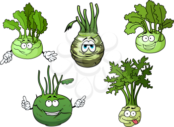 Cartoon funny crunchy kohlrabi cabbages vegetable characters with green rounded heads and fresh leaves. Addition to recipe book, vegetarian menu or kitchen interior accessories design