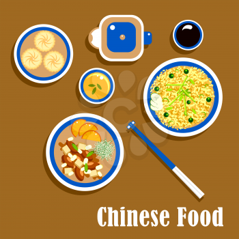 Chinese cuisine food icons of asian dishes with rice and chopsticks on rest, orange chicken, served with cucumbers and sliced oranges, soy sauce, cup of green tea with teapot and moon cakes