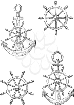 Nautical design elements of marine ship vintage anchors and wooden helms in sketch style. Navy heraldic emblem, sailing or travel design usage