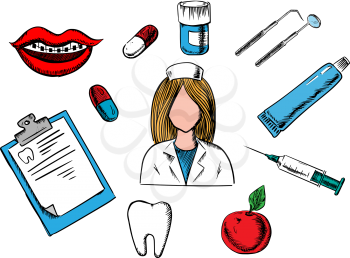 Dental concept design with a nurse surrounded by an apple, examination chart, tablets, mouth with braces, tooth, instruments and toothpaste. Vector medical and healthcare concept