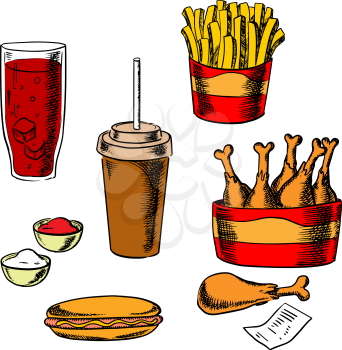 Fast food snacks and drinks set with takeaway french fries, hot dog, fried chicken legs, sauce cups, soda, coffee and bill