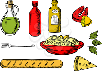 Italian pasta food with traditional italian spaghetti,  sauce and basil encircled by bottles of olive oil, tomato and mustard sauces, fork, cheese, ciabatta bread and salmon fish with lemon