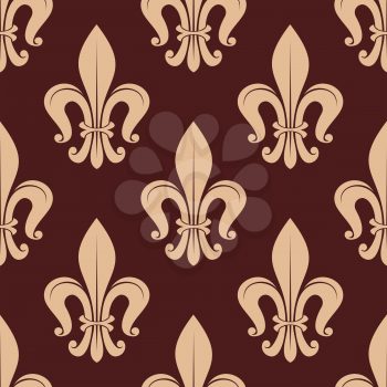Brown and beige royal seamless pattern with french beige lilies on dark background