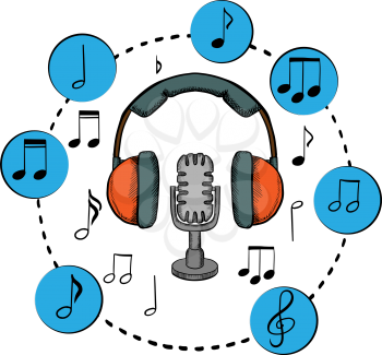 Music, sound and entertainment icons with microphone and earphones surrounded by music notes