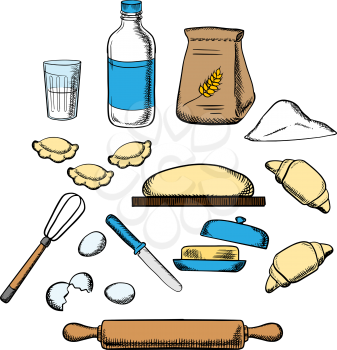 Cooking process of kneading dough with icons of dough, milk, butter, eggs, flour and kitchen utensil