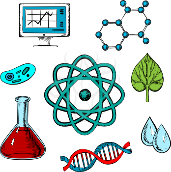 Biology flat concept design with a fresh green leaf surrounded by round icons depicting insects, microscope, computer, water, chemical analysis, atoms for physics and DNA for genetics, vector