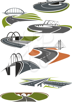 Icons of asphalt roads and highways with bridges