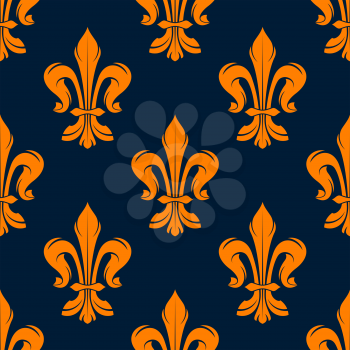 Orange and blue vintage floral seamless pattern with royal fleur-de-lis flowers. Interior, wallpaper and background design usage