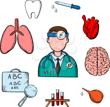 Medical icons with doctor encircled by an eye chart, lungs, tooth, eye, dropper, test tubes , brain and heart depicting examination, diagnosis and treatment