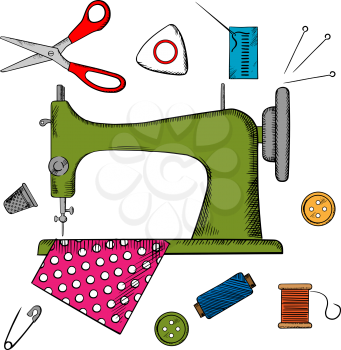 Colorful sewing icons surrounding a sewing machine with pin, thread, yarn, thimble, button and cloth. Vector illustration