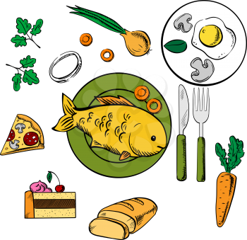 Fresh dinner food and snack vector icons with cake, carrot and onion vegetables, fried eggs, pizza and sliced bread surrounding a central plate with fish