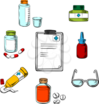 Prescription and medical icons of clipboard  drugs and pills, ointment, dosage and liquid medication, dropper and glasses