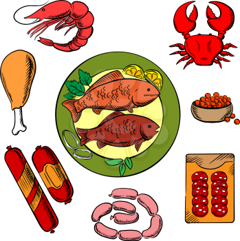 Seafood, chicken and meat food icons with fish, crab, prawn, caviar, sausage, wurst and chicken for shop or restaurant menu design