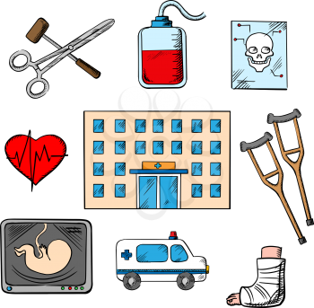 Hospital and medicine icons with a hospital building surrounded by an ambulance, x-ray, surgical instruments, cardiograph, blood transfusion, skull, crutches and plaster caste