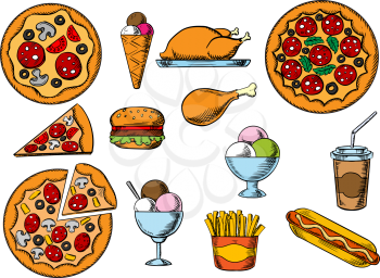 Fast food menu pizzas with different toppings, takeaway box of french fries, hamburger, hot dog, fried chicken, ice cream cone and sundae desserts, sweet soda cup