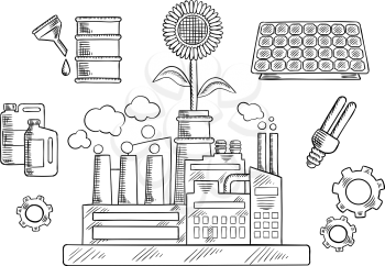 Save energy and ecology icons with industrial plant surrounded by solar panel and fluorescent light bulb, sunflower, gears and bio fuel tanks