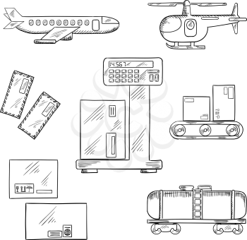 Air and rail freight or delivery service icons with airplane, helicopter, tank wagon, letters and delivery boxes with packaging signs on a scales and a conveyor belt