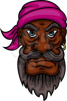 Dangerous pirate captain or sailor cartoon character with curled mustache and beard, wearing bandanna and gold earring. Use as halloween party, t-shirt print or marine design