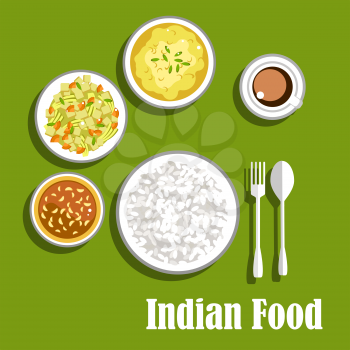 Vegetarian indian dinner flat menu icon with tomato chutney with garlic, dry curry with carrots, potatoes and celery, lentil curry with herbs, served with bowl of rice, fork, spoon and cup of coffee