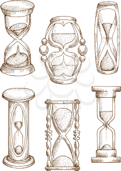Hourglasses and sand glasses sketch icons of vintage sand clocks in wooden carved stands and modern sand timers with plastic covers. Sketched sandglasses for time, deadline theme or retro design