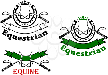 Equestrian sport symbols for emblems design with dressage whips and horseshoes, topped with crowns, decorated by ribbon banners and headers Equestrian, Equine