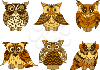 Yellow cartoon horned owls birds with decorative mottled brown plumage ornament on chests and wings. Retro stylized bird characters for education mascot, tattoo or t-shirt print design usage