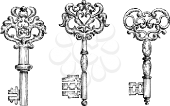 Vintage keys sketch icons for tattoo or medieval stylized design. Ornate old skeleton keys, decorated by curly forged ornaments 