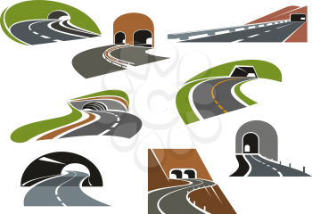Road tunnels symbols for travel, car trip and transportation design. Colorful icons of underpass freeways and mountain highways leading to tunnels with decorative arched and square entrances