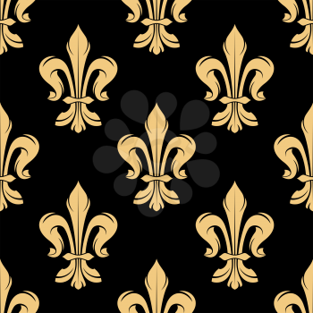 Vintage golden royal fleur-de-lis seamless pattern of elegant floral scrolls on black background. Luxury wallpaper or medieval stylized interior design usage