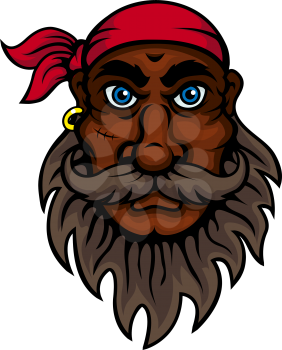 Cartoon old pirate wearing red bandanna with lush beard, mustache and scar on cheek. Marine sailor, piracy adventure or children book design usage
