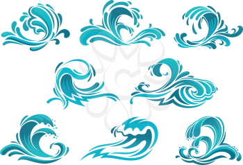 Decorative blue sea waves and surf icons with curls of powerful water stream, splashes and white foam caps. May be used in nature, marine journey or travel theme 