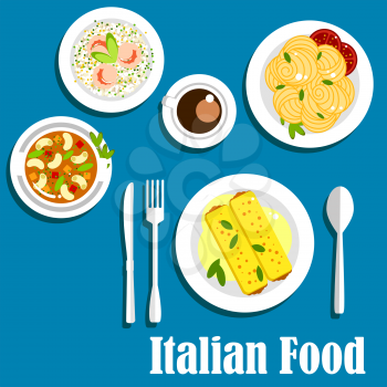 Popular dishes of italian cuisine with stuffed cannelloni pasta, bolognese sauce, vegetarian bean soup, risotto with shrimps, spaghetti with tomatoes and espresso coffee cup