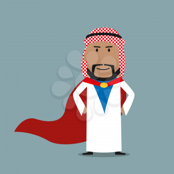 Confident smiling cartoon strong arabian businessman wearing white arabian national garment and red cape. Famous businessman, business hero or leadership concept usage