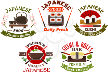 Japanese seafood restaurant and sushi bar icons or symbols design with sushi rolls and sushi nigiri, with chopsticks and ceramic tea set. Ornated by banners, green tea leaves and blooming sakura