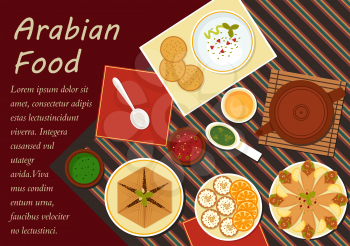 Spicy arabian food with chickpea falafels, wrapped in flatbread, pita with hummus, assortment of dipping sauces, sfiha meat pie, teapot and cakes with sliced oranges. Menu or recipe book design usage