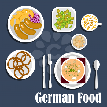 Traditional national food of german cuisine with mushroom cream soup with croutons, sausages served with fried potatoes and red cabbage, roasted brussel cabbage sprouts, pretzels, coffee with milk 