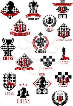 Sporting tournament emblems design for chess game with kings, queens, bishops, rook and pawns pieces on chess boards with clocks and trophy cups, decorated by ribbon banners, wreaths, stars and crown