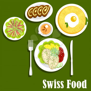 Swiss national cuisine breakfast with potato rosti, topped with fried egg, fish steaks served with lemons, tomatoes and cucumbers, vegetable salad and chocolate swiss rolls with milk tea