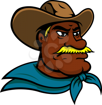 Angry old american cowboy cartoon character with head of mustached cowboy wearing traditional texas hat and blue neckerchief. Western adventure and wild west mascot, ranch and farming theme design