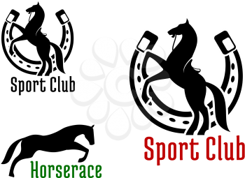 Graceful jumping and rearing horses black silhouettes with horseshoe on the background. For equestrian club or horse race sport design