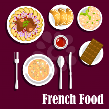 Delicious french cuisine menu with mushroom cream soup with croutons, croissants with jam, dry cured pork sausage, chicken legs with potatoes and onion rings and bar of chocolate